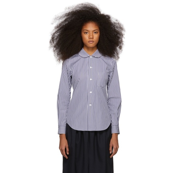 Comme des Garcons Girl Navy and White Striped Peter Pan Collar Shirt- Medium